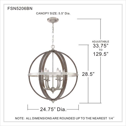 Fusion 6 Light 25 inch Brushed Nickel Foyer Piece Ceiling Light, Naturals