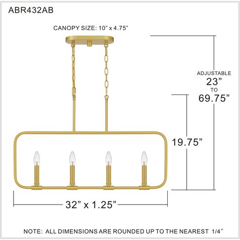 Abner 4 Light 32 inch Aged Brass Linear Chandelier Ceiling Light