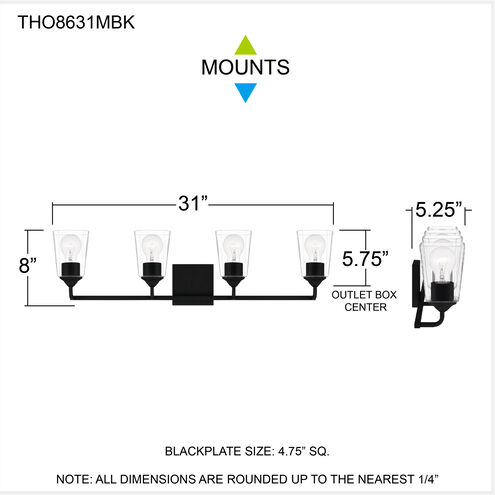 Thoresby 4 Light 31 inch Matte Black Bath Light Wall Light