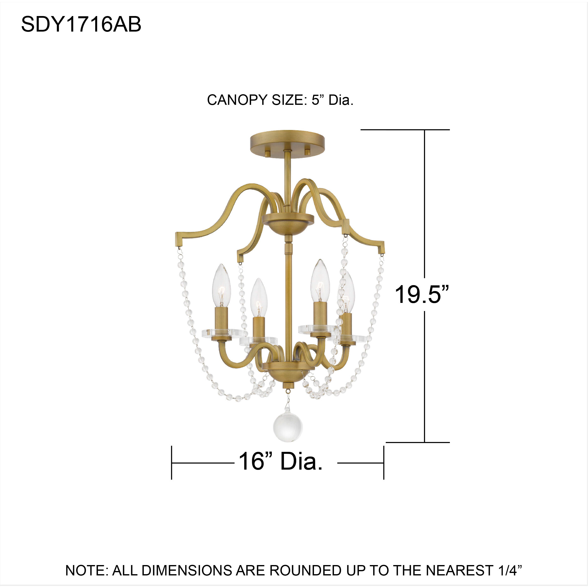 Sunday 4 Light 16 inch Aged Brass Semi-Flush Mount Ceiling Light