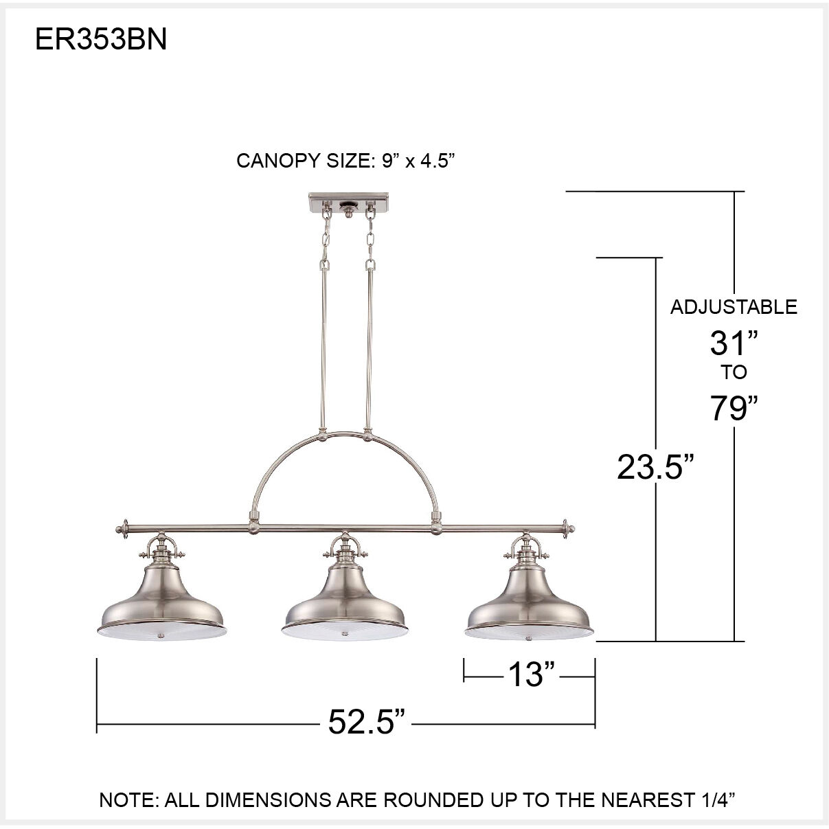 Emery 3 Light 53 inch Brushed Nickel Island Light Ceiling Light
