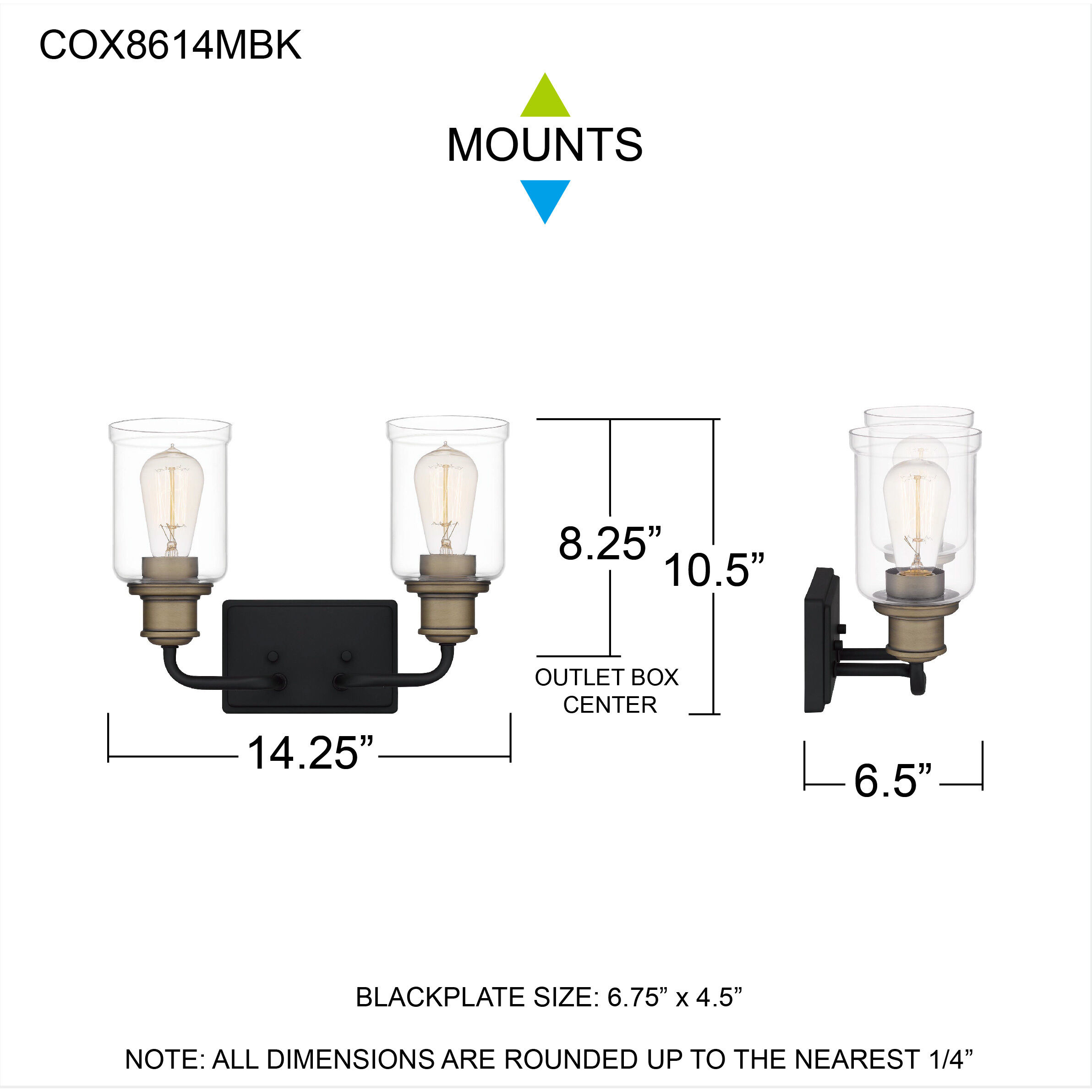 Cox 2 Light 14 inch Matte Black Bath Light Wall Light, Medium