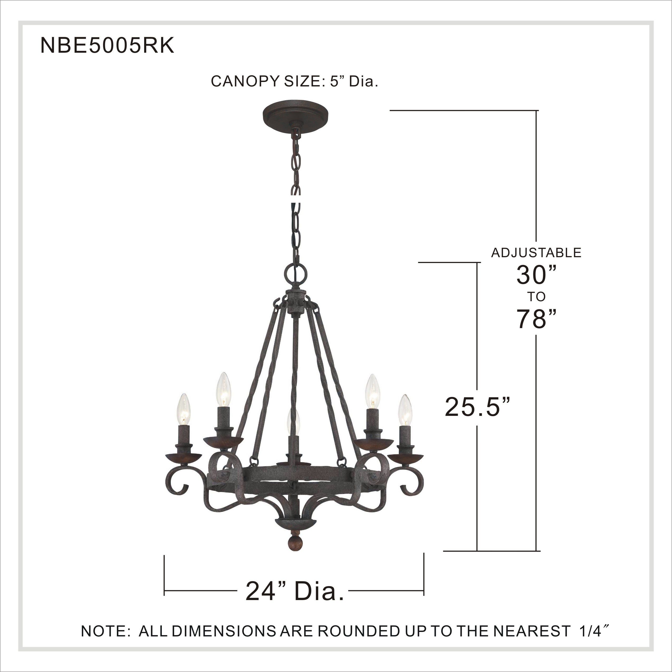 Noble 5 Light 24 inch Rustic Black Chandelier Ceiling Light