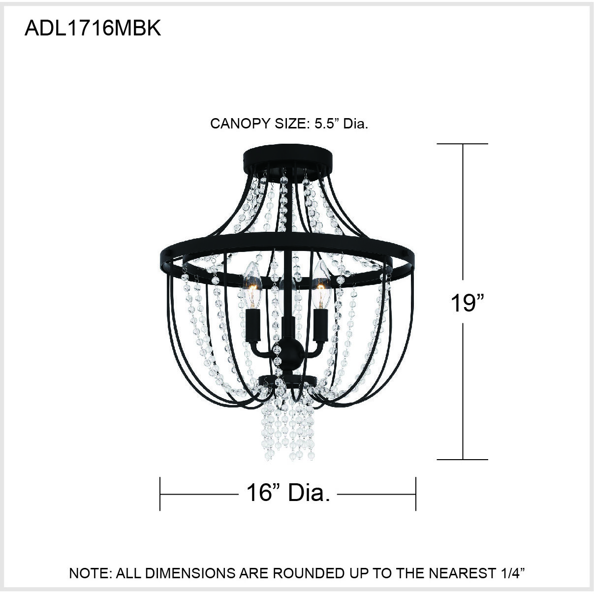 Adelaide 3 Light 16 inch Matte Black Semi-Flush Mount Ceiling Light
