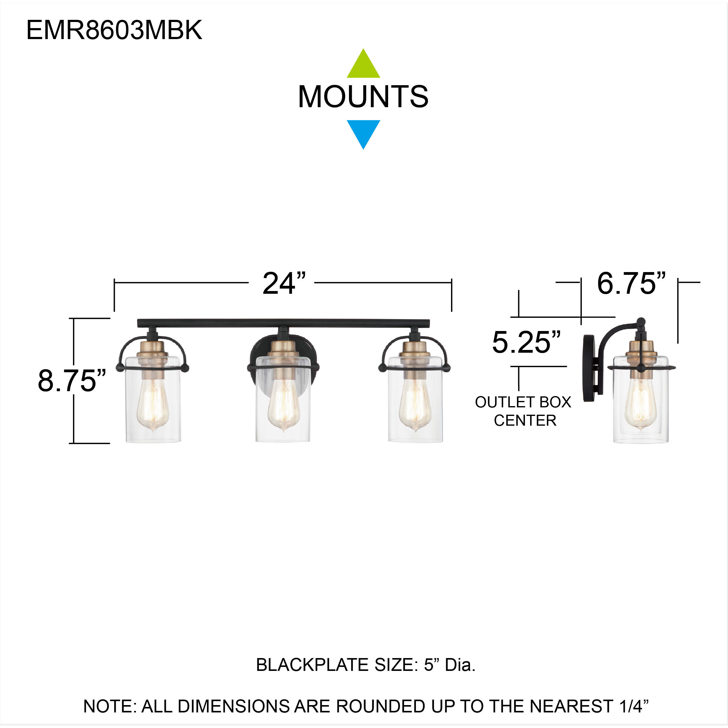 Emerson 3 Light 24 inch Matte Black Bath Light Wall Light, Large