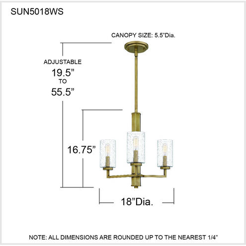 Sunburst 3 Light 18 inch Weathered Brass Chandelier Ceiling Light
