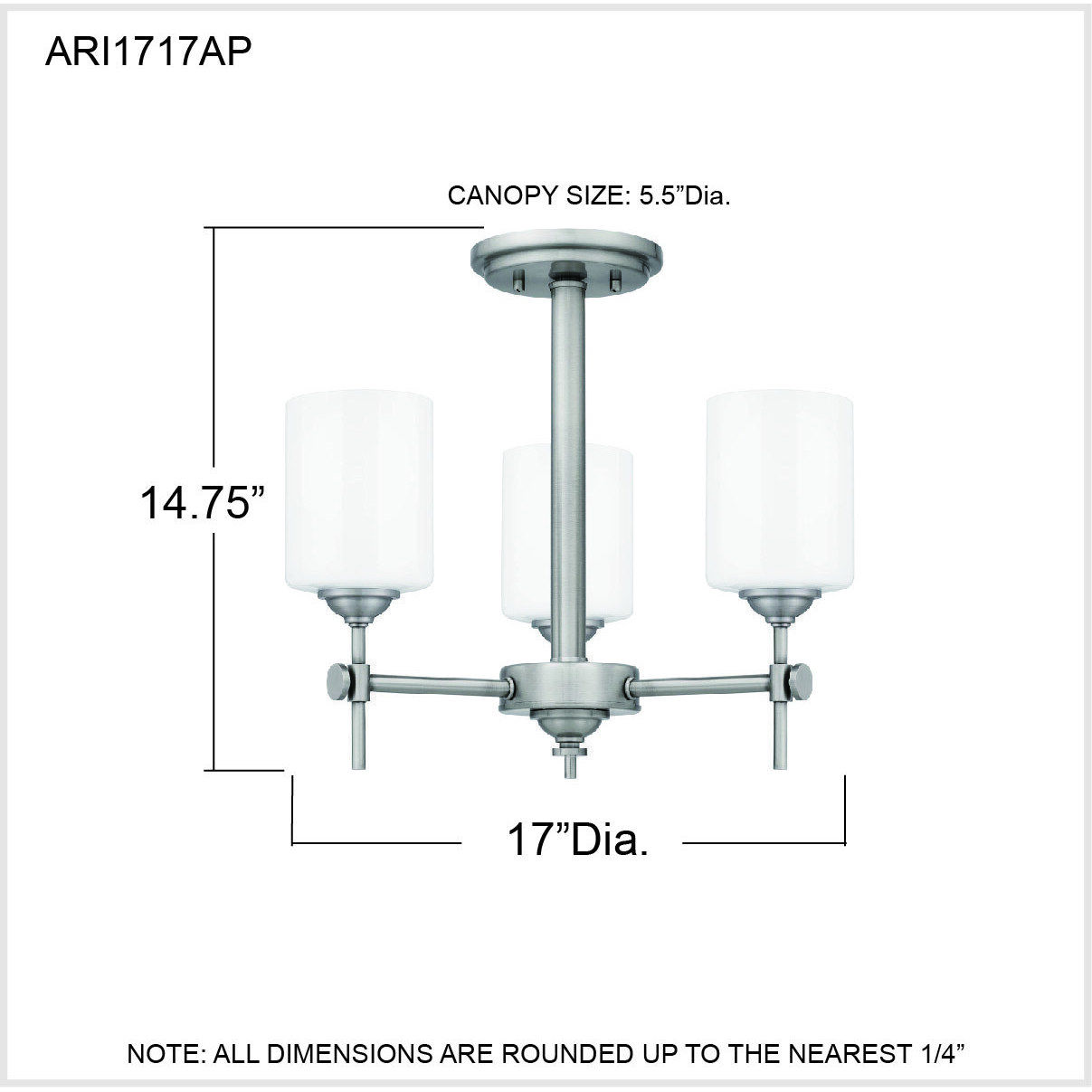Aria 3 Light 17 inch Antique Polished Nickel Semi-Flush Mount Ceiling Light