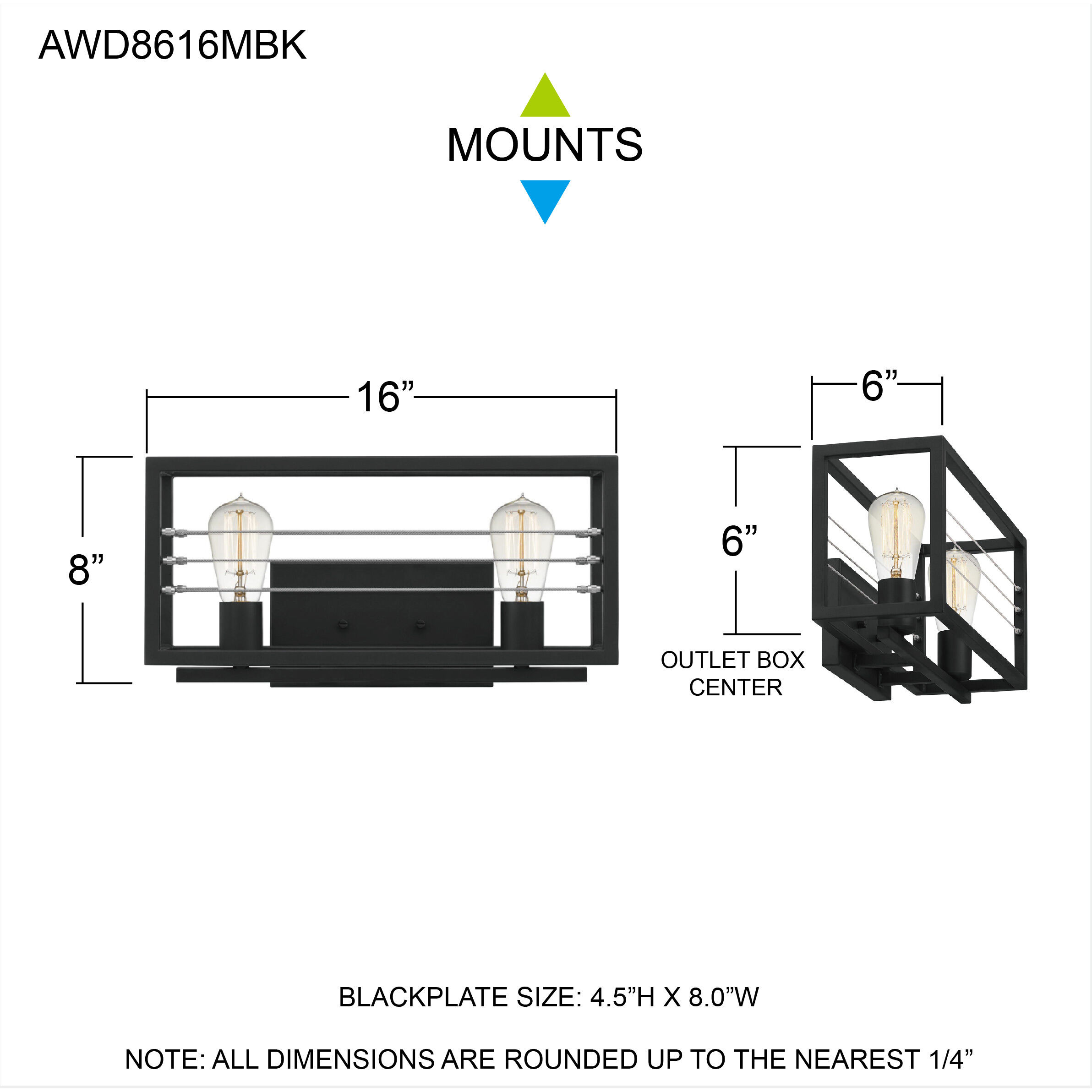 Awendaw 2 Light 16 inch Matte Black Bath Light Wall Light, Medium