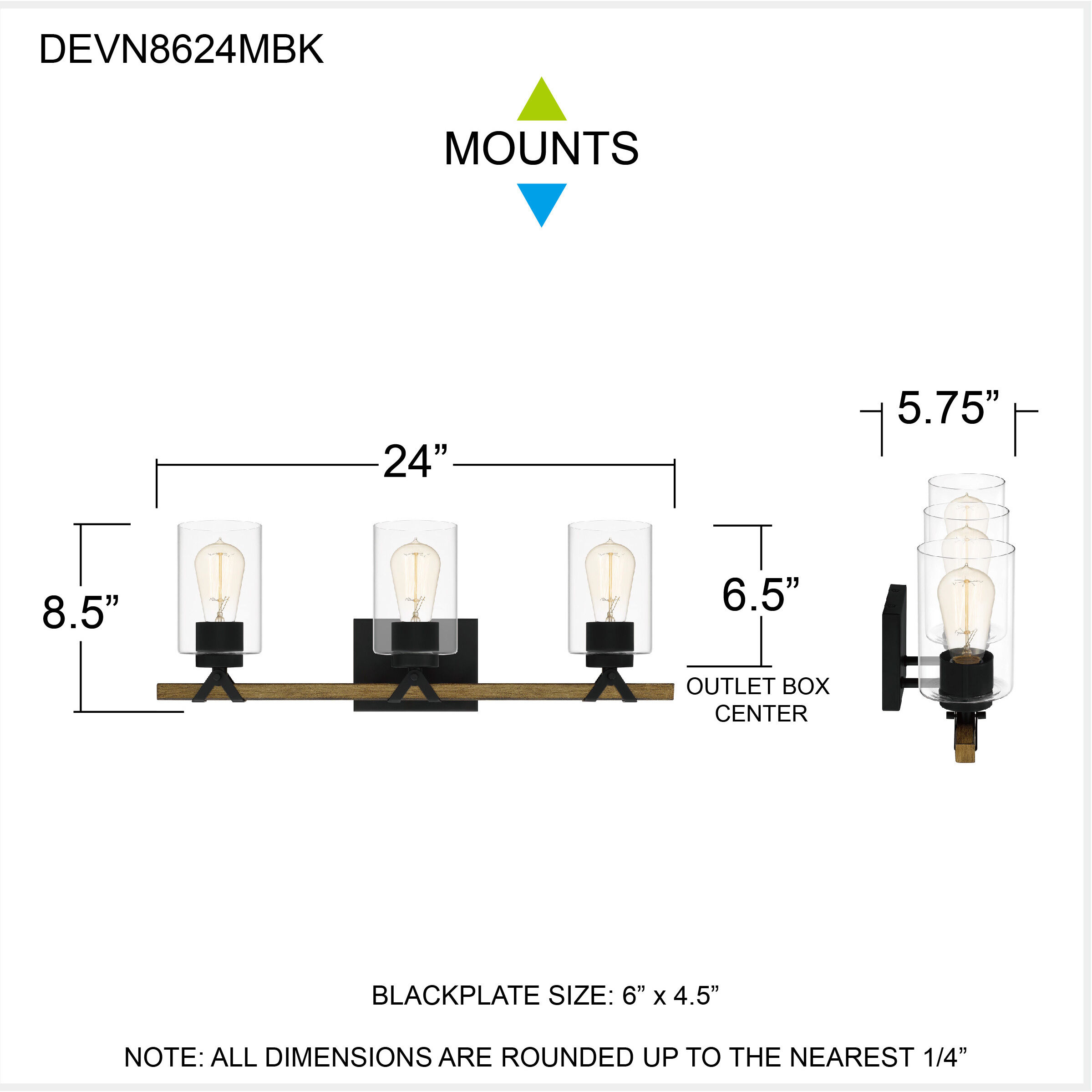Devon Court 3 Light 24 inch Matte Black Bath Light Wall Light
