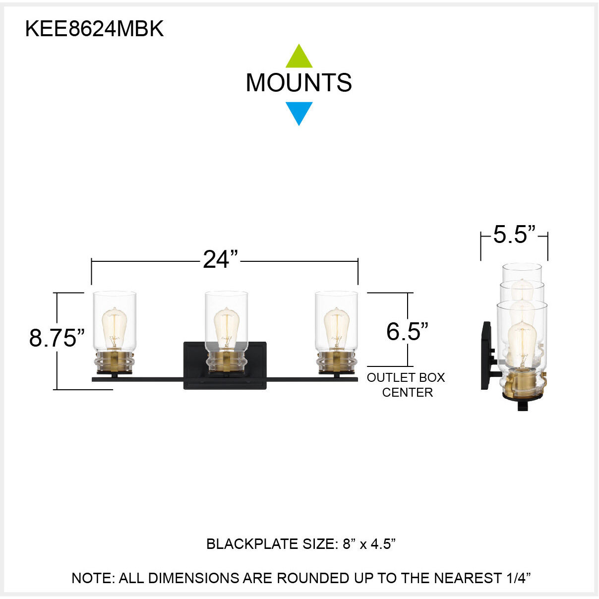 Keesey 3 Light 24 inch Matte Black Bath Light Wall Light