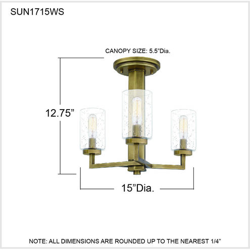 Sunburst 3 Light 15 inch Weathered Brass Semi-Flush Mount Ceiling Light