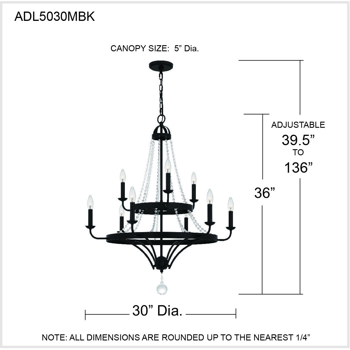 Adelaide 9 Light 30 inch Matte Black Chandelier Ceiling Light