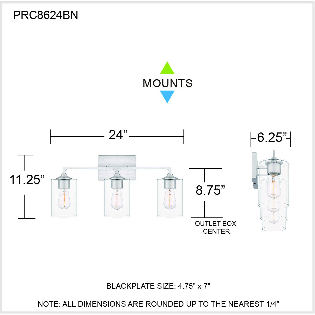 Prescott 3 Light 24 inch Brushed Nickel Bath Light Wall Light, Large