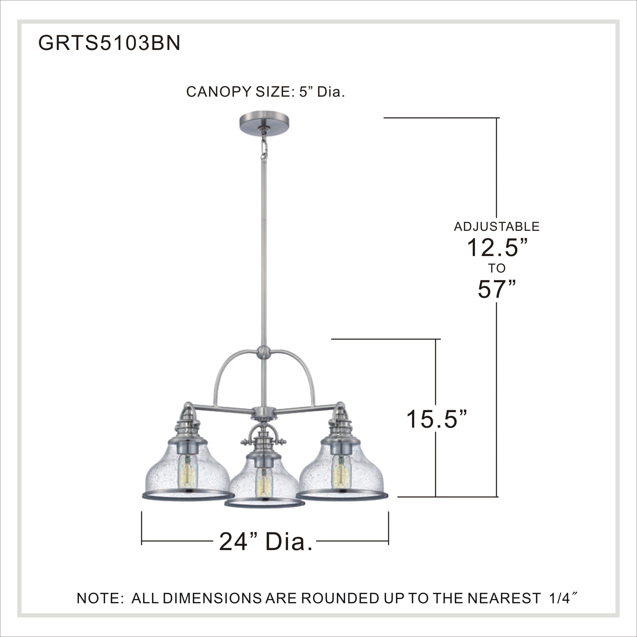 Grant 3 Light 24 inch Brushed Nickel Dinette Chandelier Ceiling Light