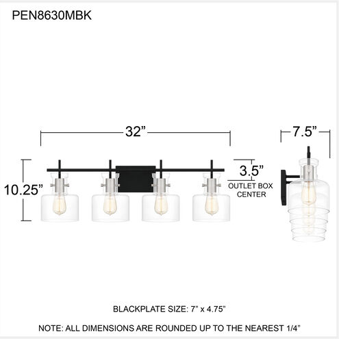 Pensbury 4 Light 32 inch Matte Black Bath Light Wall Light